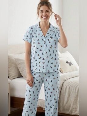 KATE SPADE Pajamas Set Puppy Love Blue Top Pants PJs Womens XL Dogs NWT $78